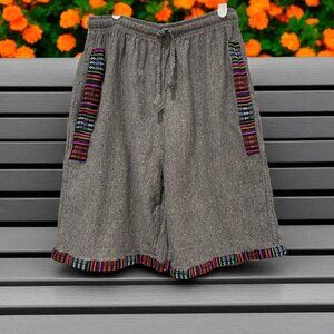 Nepal Womens Cotton Shorts Boho Festival Ethnic Trim Gray Summer Handmade L